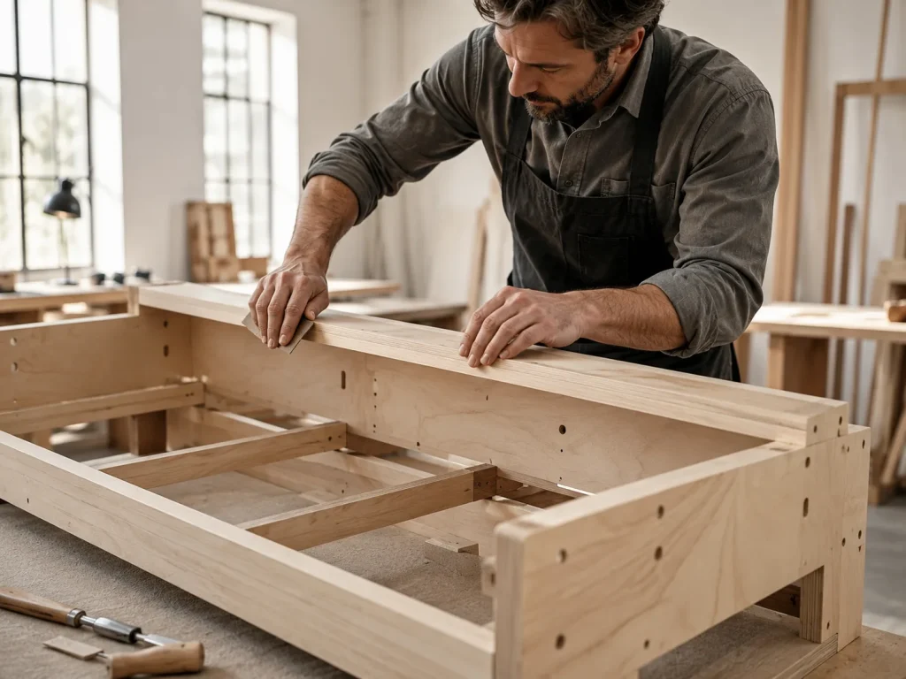 Artigiano MioDivano che assembla il telaio in legno di un divano