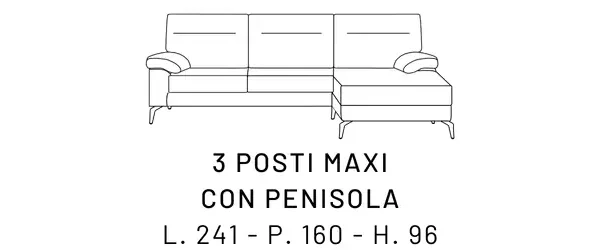 Diana Divano tre posti maxi con penisola e seduta scorrevole - misure