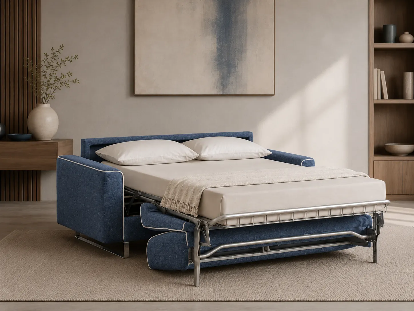 Divano Cassia blu, dettaglio del bracciolo Divano Cassia blu, dettaglio del bracciolo