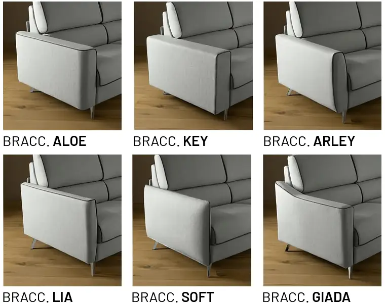 Le sei forme di bracciolo del divano Ronda: Aloe, Key, Arley, Lia, Soft, Giada Le sei forme di bracciolo del divano Ronda: Aloe, Key, Arley, Lia, Soft, Giada