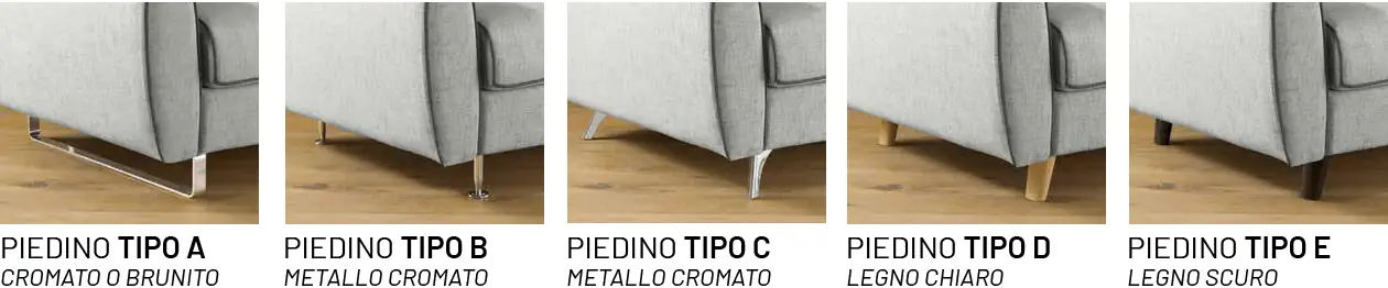 I cinque tipi di piedino MioDivano: A cromato o brunito, B e C in metallo cromato, D in legno chiaro, E in legno scuro