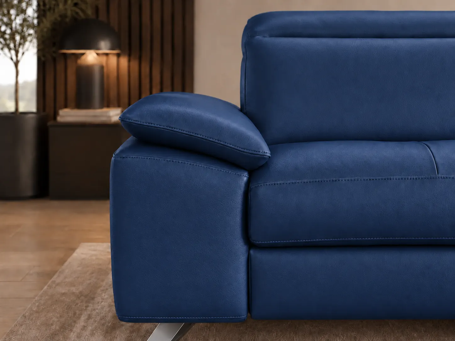 Divano Genius blu, dettaglio della cucitura Divano Genius blu, dettaglio della cucitura
